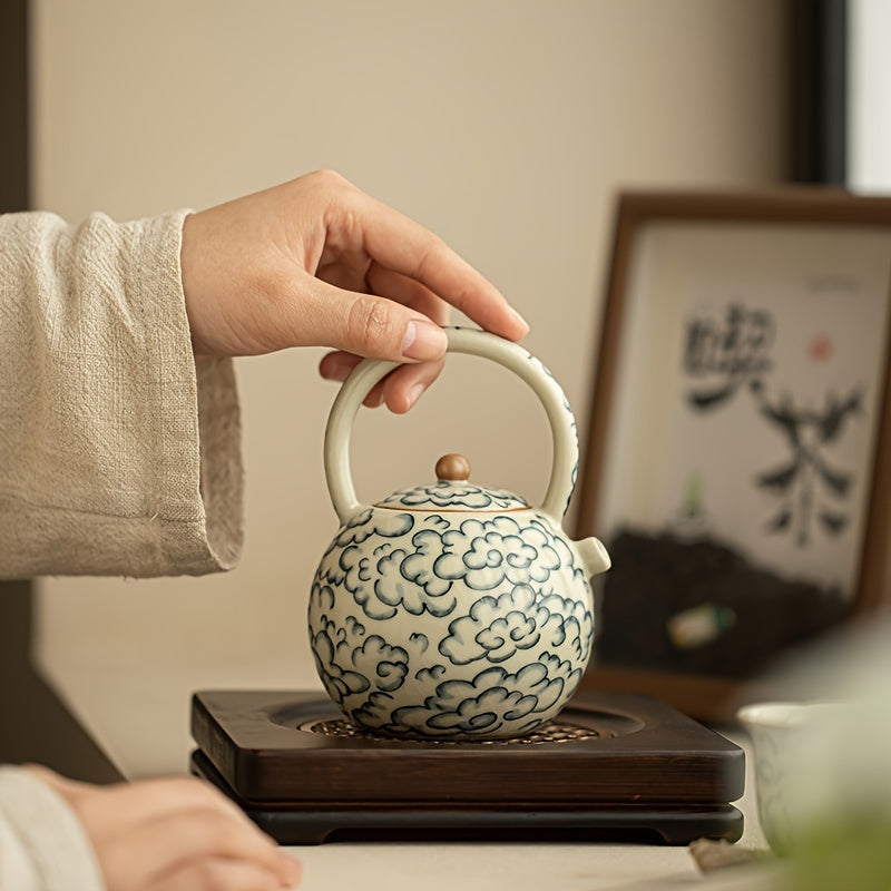 Round Teapot with a Handle Featuring Cloud Patterns from The Ru Kiln Style, Perfect for Tea Brewing