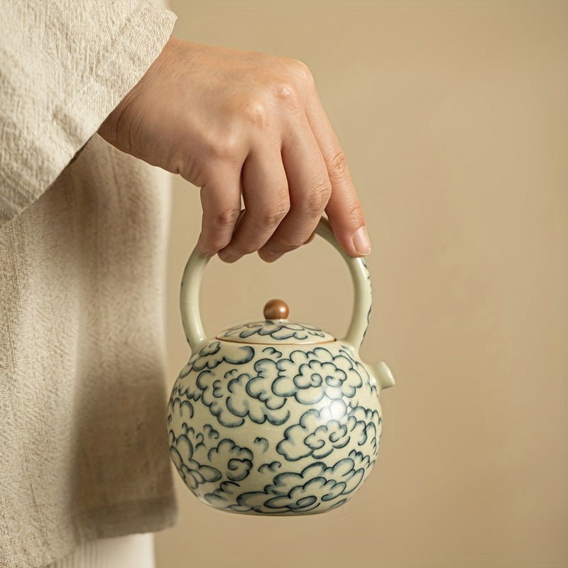 Round Teapot with a Handle Featuring Cloud Patterns from The Ru Kiln Style, Perfect for Tea Brewing