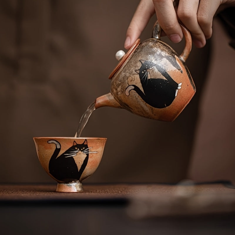 Handmade Ceramic Teapot Creative Hand-painted Silvery-plated Cat Tea Brewing Pot Ball Hole Filter Right Handle Single Pot