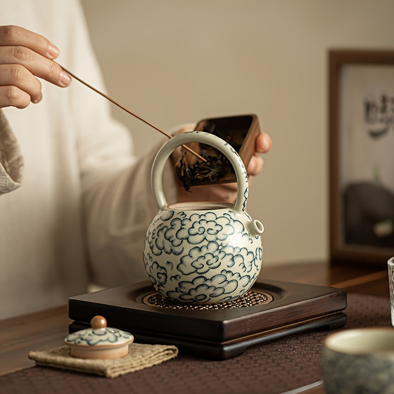 Round Teapot with a Handle Featuring Cloud Patterns from The Ru Kiln Style, Perfect for Tea Brewing