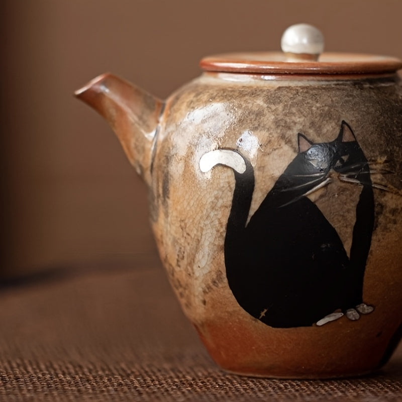 Handmade Ceramic Teapot Creative Hand-painted Silvery-plated Cat Tea Brewing Pot Ball Hole Filter Right Handle Single Pot