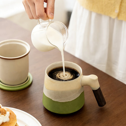15.22oz Ceramic Mug with Lid& Infuser - Wood Handle Reactive Glaze Coffee Cup, Gradient Color Breakfast Milk Cup for Tea Latte Cappuccino Cocoa