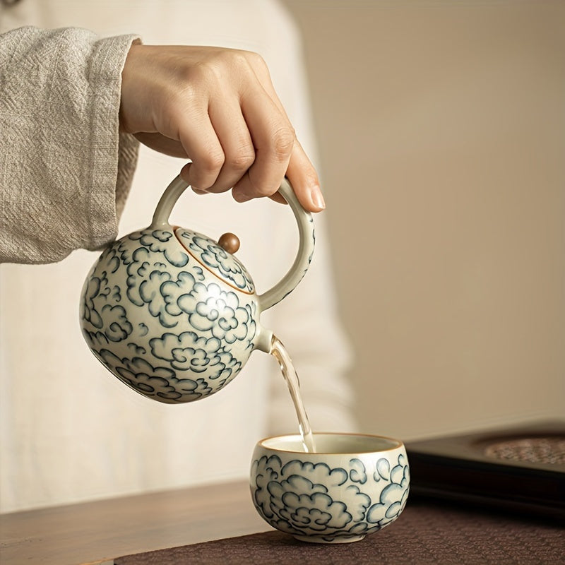 Round Teapot with a Handle Featuring Cloud Patterns from The Ru Kiln Style, Perfect for Tea Brewing