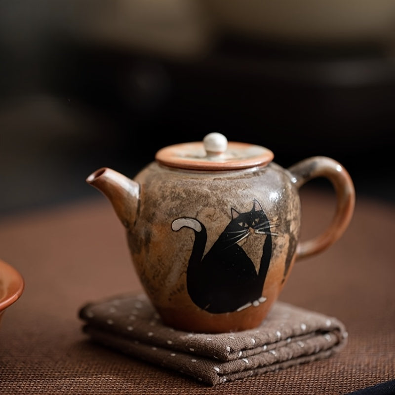 Handmade Ceramic Teapot Creative Hand-painted Silvery-plated Cat Tea Brewing Pot Ball Hole Filter Right Handle Single Pot